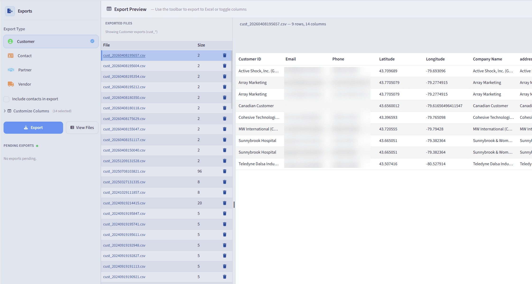 QSmap export preview: filtered entity list with column options and download controls
